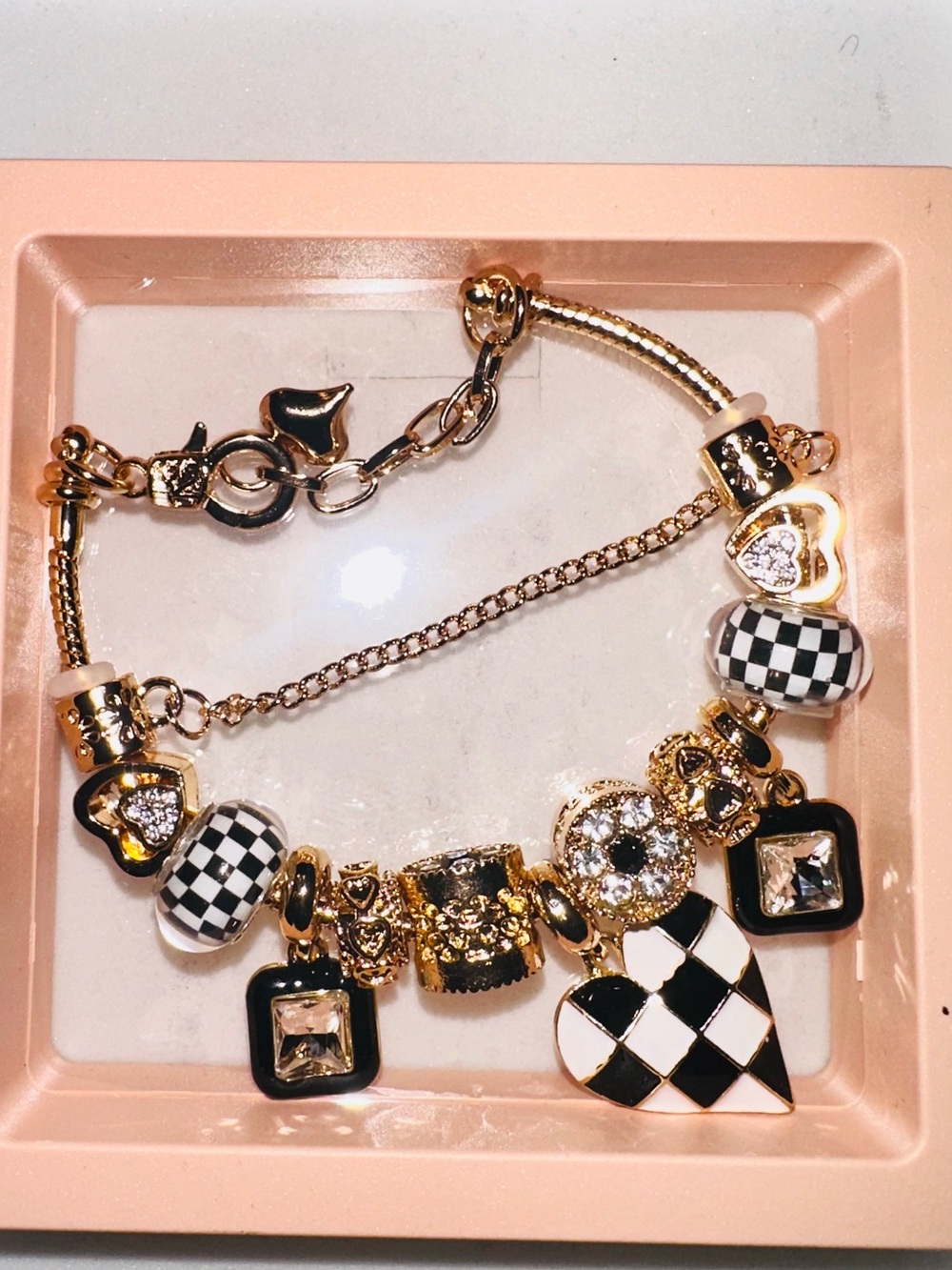 Gold-Tone Black & White Checker Heart Charm Bracelet